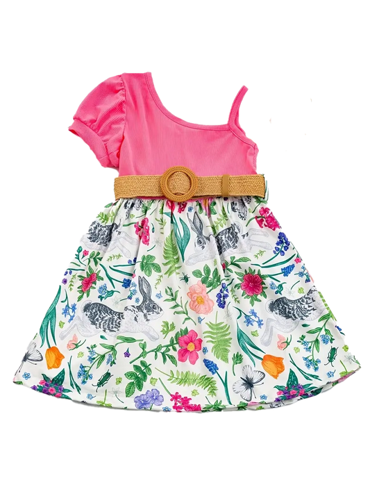 Alana | One-Shoulder Bunny Floral Print Belted Dress