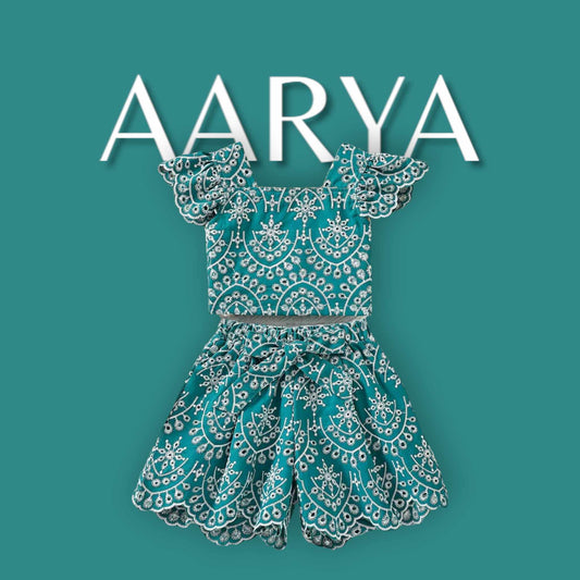 AARYA | Teal Embroidered Flying Sleeve Top & Scalloped Top Set