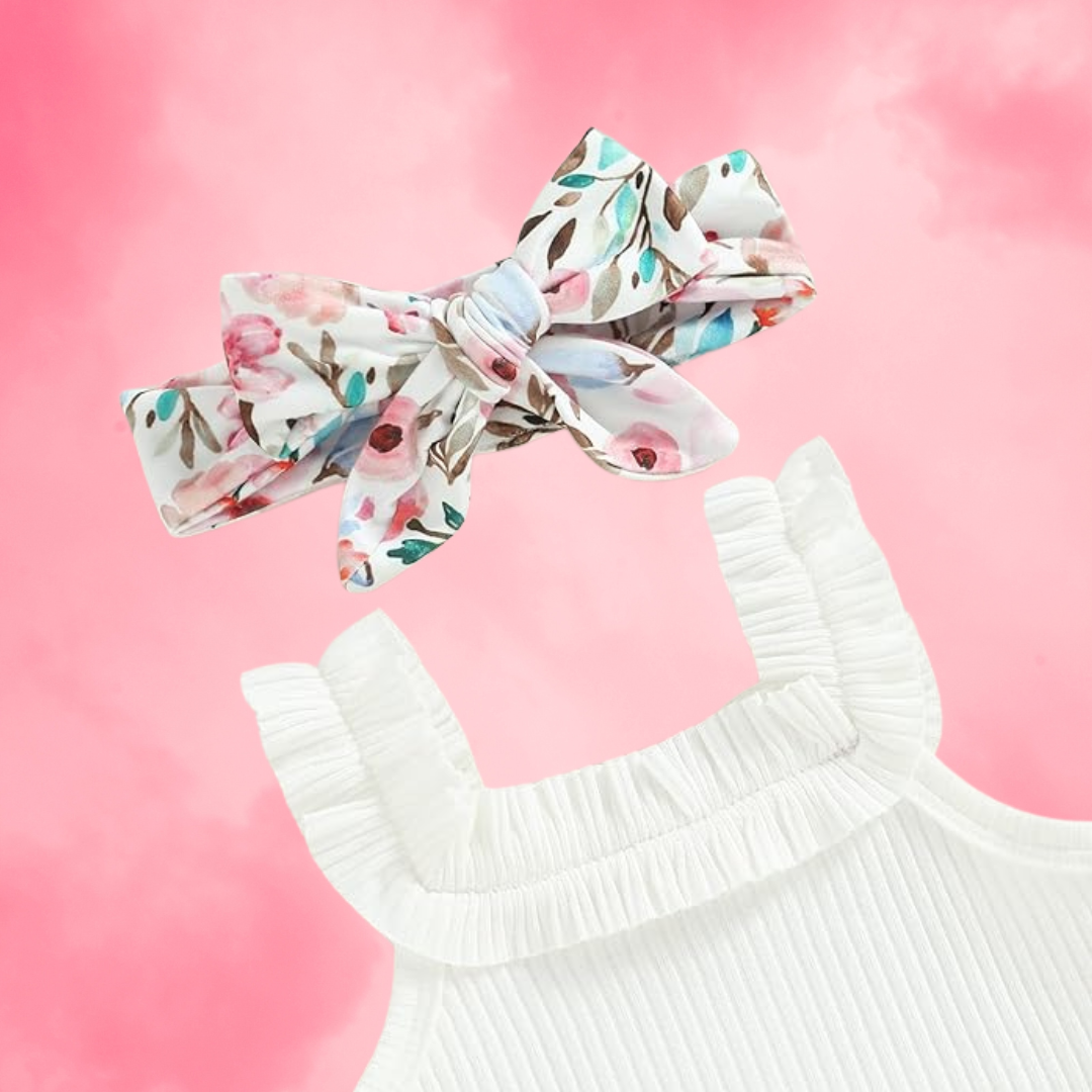 MORIAH | Infant 3-Piece Set Ribbed Onesie, Floral Bloomer & Headband