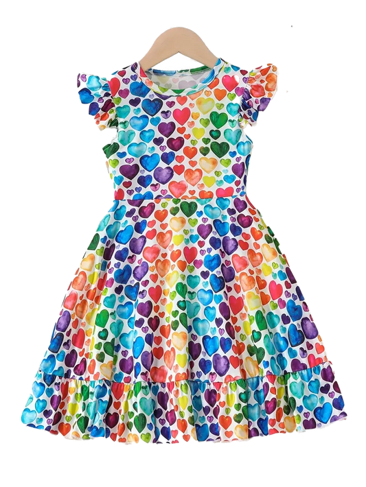 Felicity | Colorful Hearts Ruffle Sleeve Girls Valentine Dress