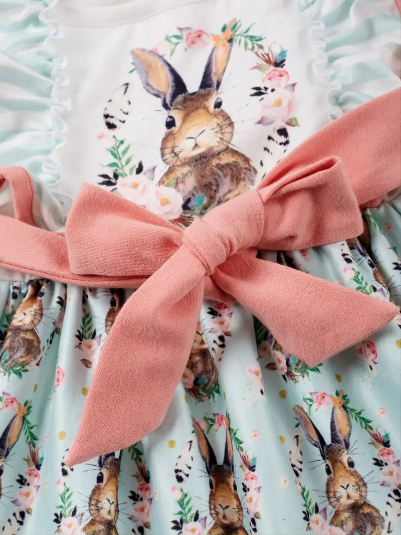 Fifi | Vintage Easter Bunny Print Sleeveless Ruffle Belted Dress