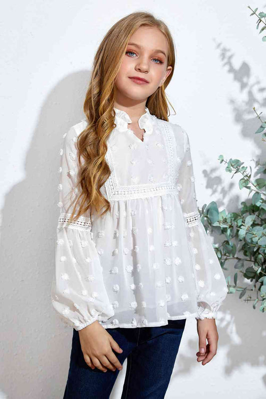 Ashby | Girls Swiss Dot Spliced Lace Notched Blouse