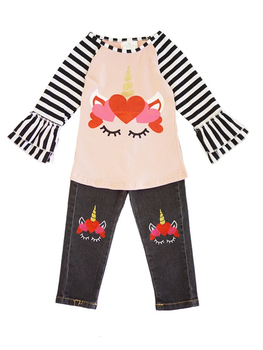 Jordyn | Valentine Unicorn Hearts Raglan Denim Jeans Set - Felicity + Asher Boutique