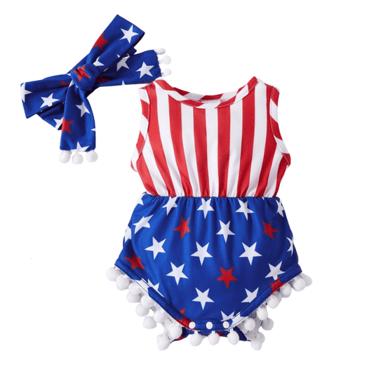 Merica | Independence Day Stars & Stripes Pompom Infant Romper - Felicity + Asher Boutique