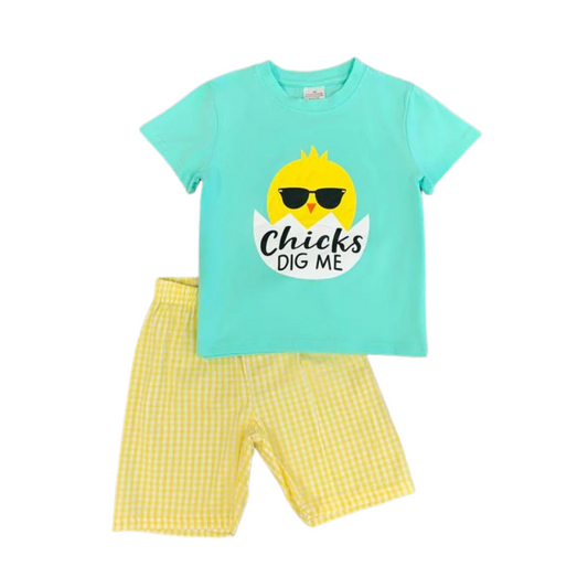 Chicks Dig Me | Yellow Gingham Boys Shorts Set