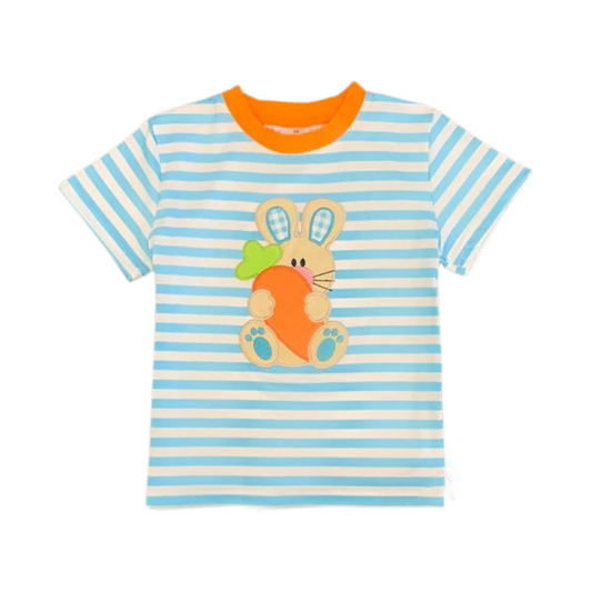 Peter | Light Blue and White Striped Bunny Carrot Applique Tee Shirt